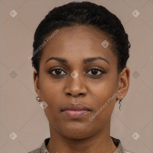 Neutral black young-adult female with short  black hair and brown eyes
