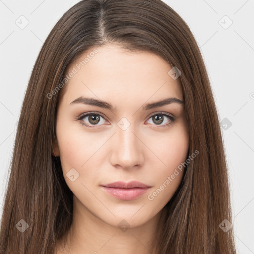 Neutral white young-adult female with long  brown hair and brown eyes