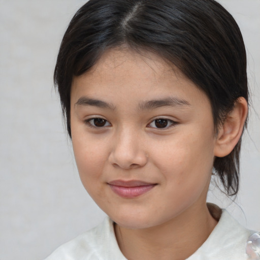 Joyful white child female with medium  brown hair and brown eyes