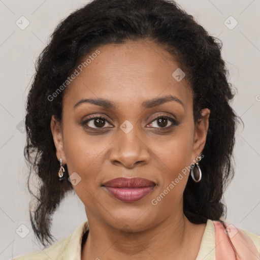 Joyful black young-adult female with medium  brown hair and brown eyes