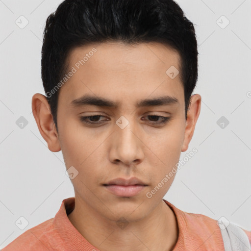 Neutral asian young-adult male with short  black hair and brown eyes