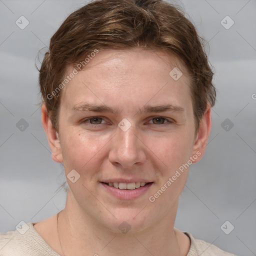 Joyful white young-adult female with short  brown hair and grey eyes