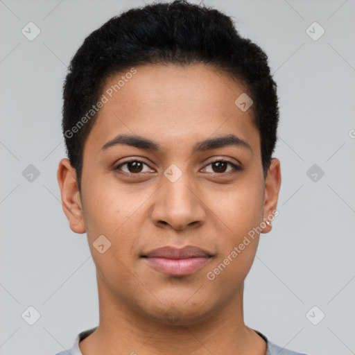 Joyful latino young-adult male with short  brown hair and brown eyes