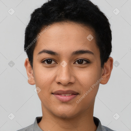 Joyful latino young-adult female with short  black hair and brown eyes