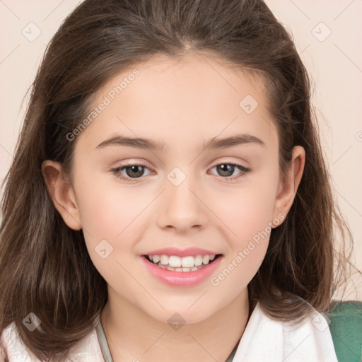 Joyful white child female with medium  brown hair and brown eyes