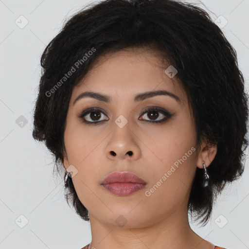 Neutral asian young-adult female with medium  black hair and brown eyes