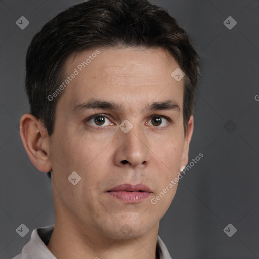 Neutral white adult male with short  brown hair and brown eyes