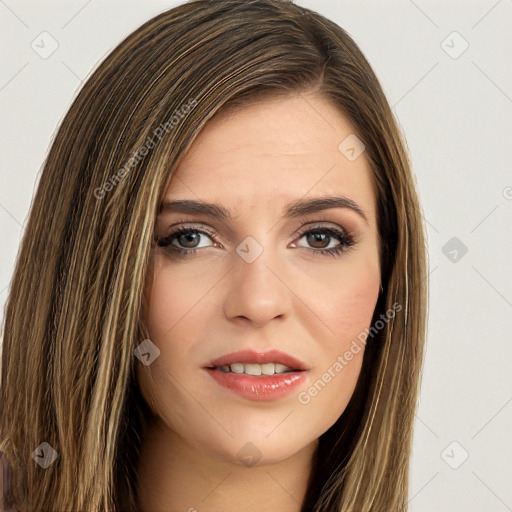 Joyful white young-adult female with long  brown hair and brown eyes