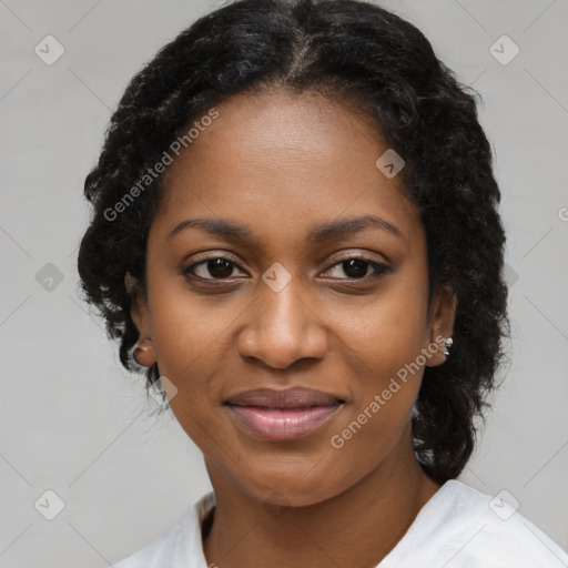 Joyful black young-adult female with medium  black hair and brown eyes