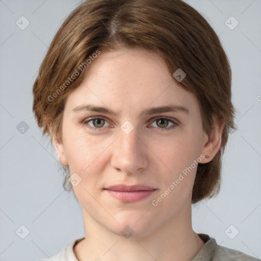 Joyful white young-adult female with medium  brown hair and grey eyes