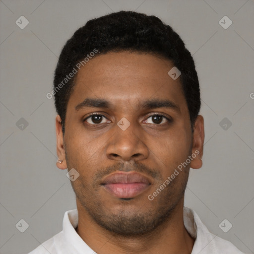 Neutral latino young-adult male with short  black hair and brown eyes