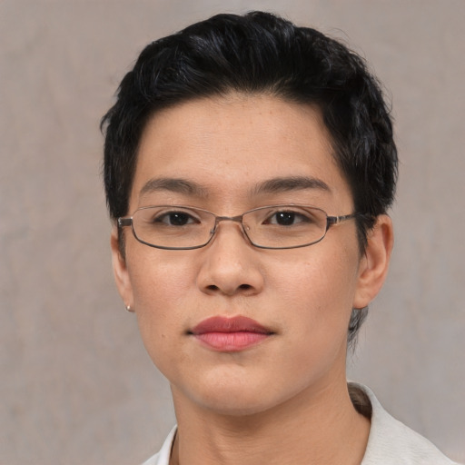 Neutral white young-adult female with short  black hair and brown eyes