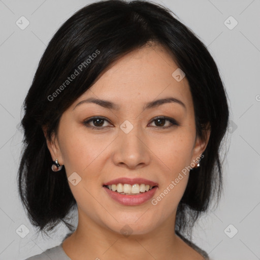 Joyful asian young-adult female with medium  black hair and brown eyes