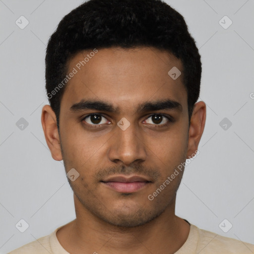 Neutral latino young-adult male with short  black hair and brown eyes