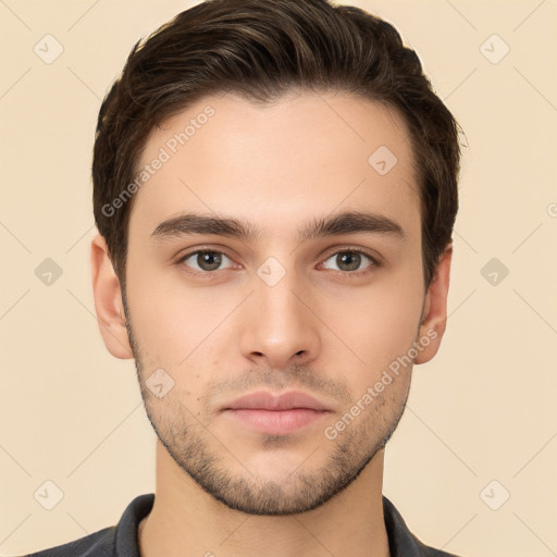 Neutral white young-adult male with short  brown hair and brown eyes