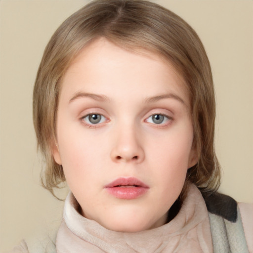 Neutral white child female with medium  brown hair and blue eyes