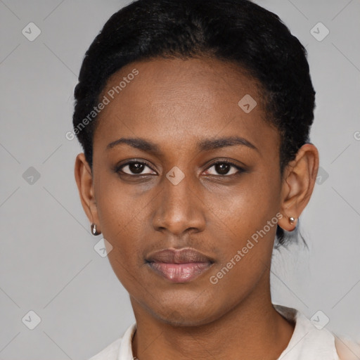 Neutral black young-adult female with short  black hair and brown eyes