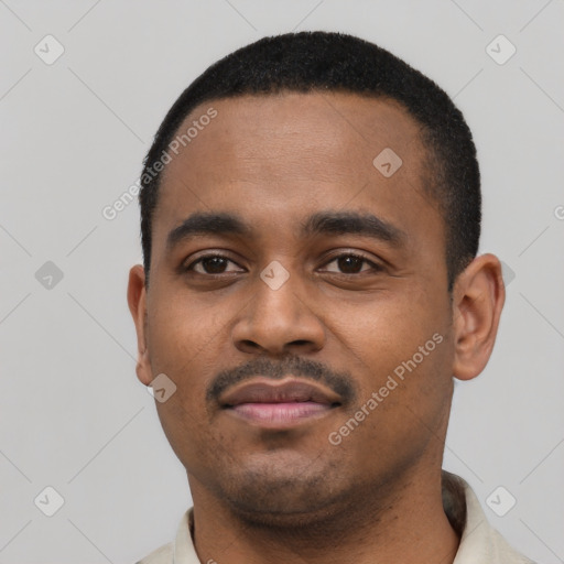 Neutral black young-adult male with short  black hair and brown eyes