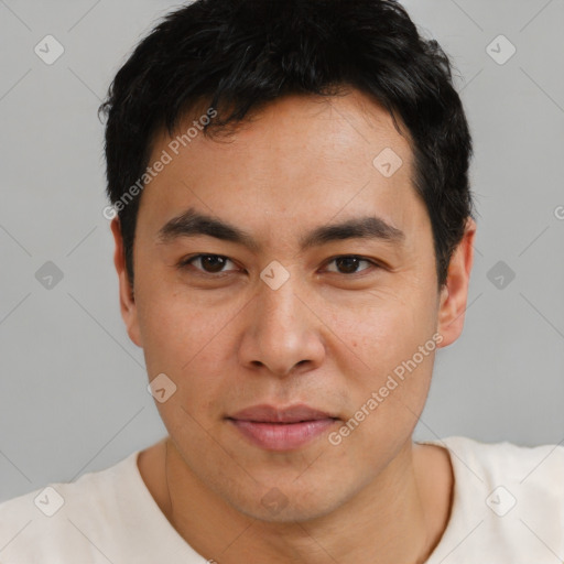 Neutral asian young-adult male with short  black hair and brown eyes