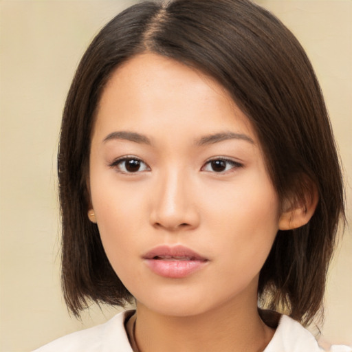 Neutral asian young-adult female with medium  brown hair and brown eyes