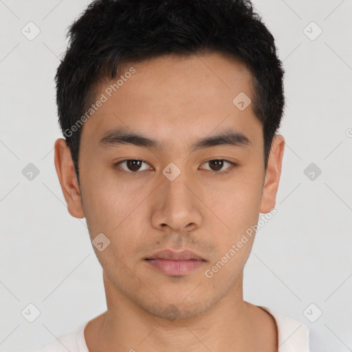 Neutral asian young-adult male with short  black hair and brown eyes