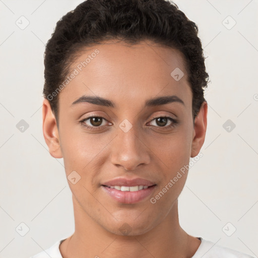 Joyful white young-adult female with short  brown hair and brown eyes