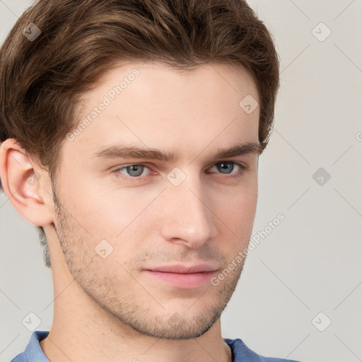 Neutral white young-adult male with short  brown hair and grey eyes