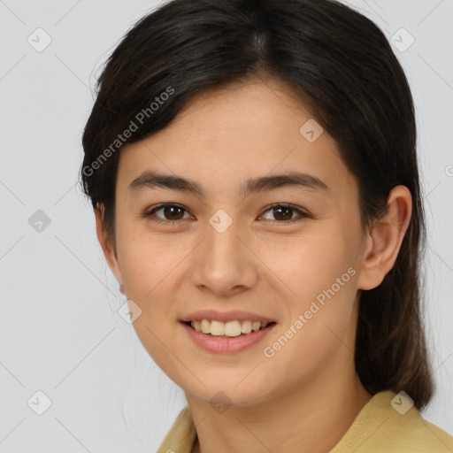 Joyful white young-adult female with medium  brown hair and brown eyes