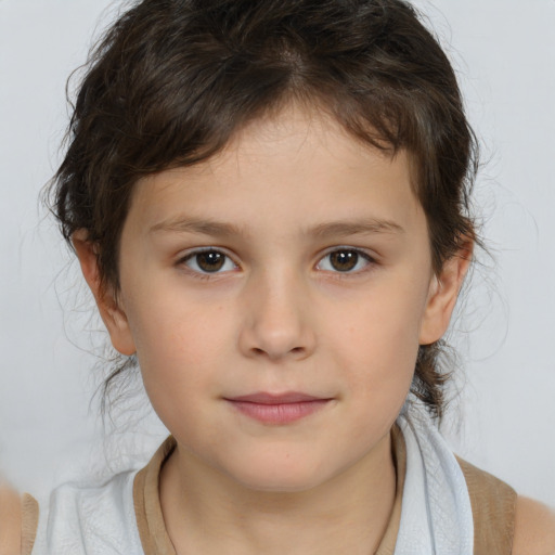 Joyful white child female with medium  brown hair and brown eyes