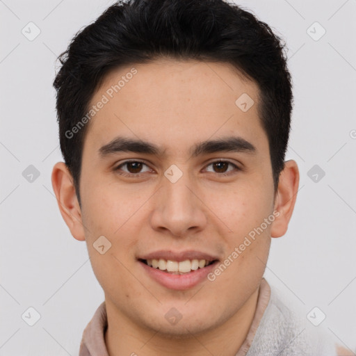 Joyful latino young-adult male with short  brown hair and brown eyes