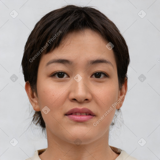 Joyful asian young-adult female with short  brown hair and brown eyes