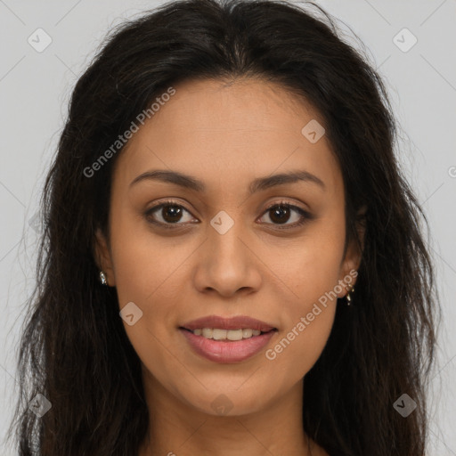 Joyful latino young-adult female with long  brown hair and brown eyes