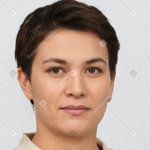 Joyful white young-adult female with short  brown hair and brown eyes