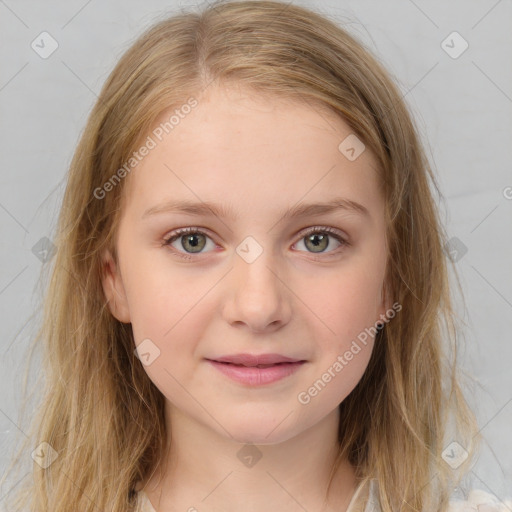 Joyful white child female with medium  brown hair and brown eyes