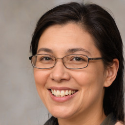 Joyful white adult female with medium  brown hair and brown eyes