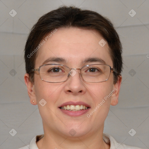 Joyful white adult female with short  brown hair and brown eyes