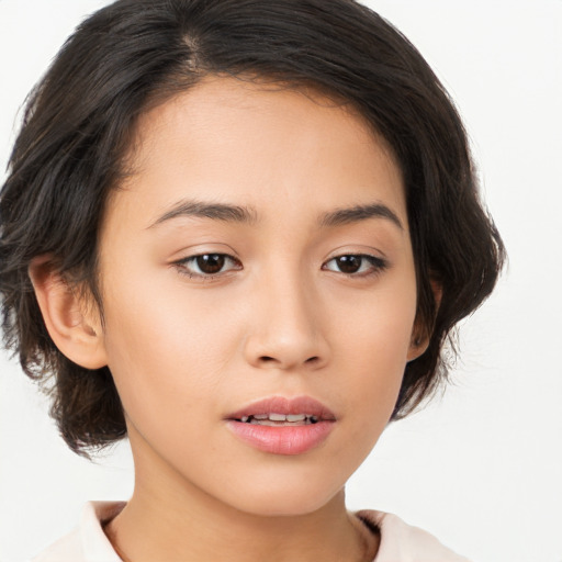 Neutral asian young-adult female with medium  brown hair and brown eyes