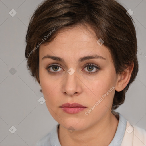 Neutral white young-adult female with medium  brown hair and brown eyes