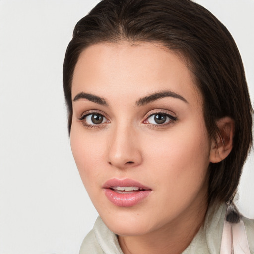 Neutral white young-adult female with medium  brown hair and brown eyes