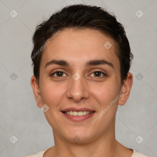 Joyful white young-adult female with short  brown hair and brown eyes