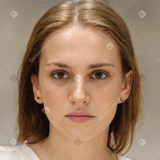 Neutral white young-adult female with medium  brown hair and brown eyes