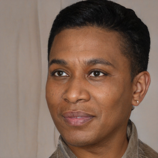 Joyful latino young-adult male with short  brown hair and brown eyes