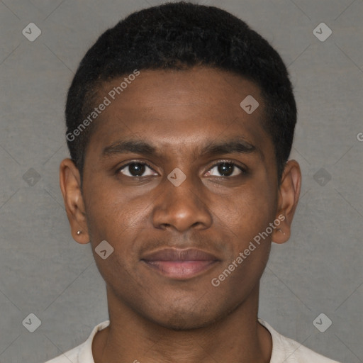 Joyful black young-adult male with short  brown hair and brown eyes