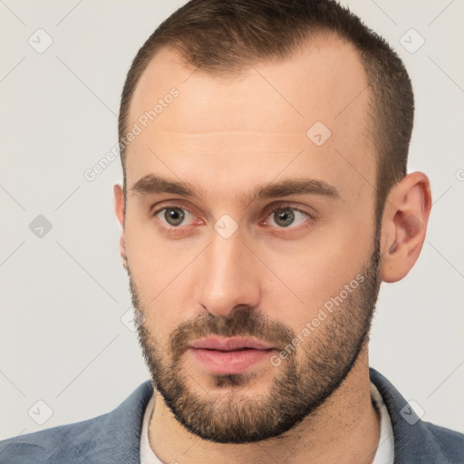 Neutral white young-adult male with short  brown hair and brown eyes