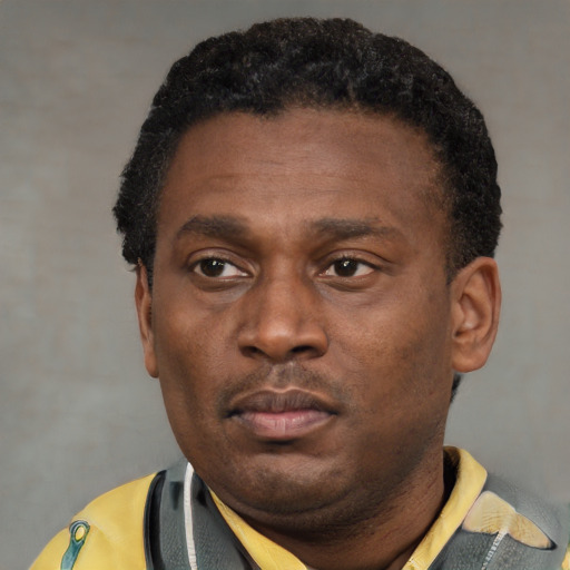 Neutral latino adult male with short  black hair and brown eyes