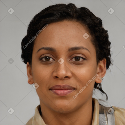 Joyful latino young-adult female with short  brown hair and brown eyes