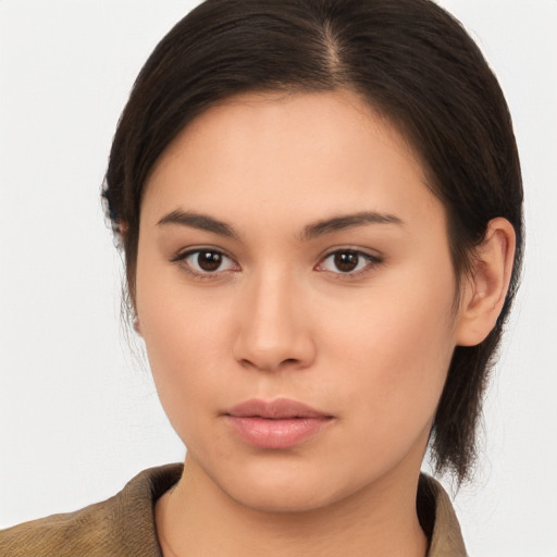 Neutral asian young-adult female with medium  brown hair and brown eyes