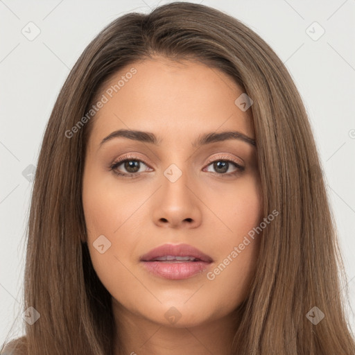 Neutral white young-adult female with long  brown hair and brown eyes