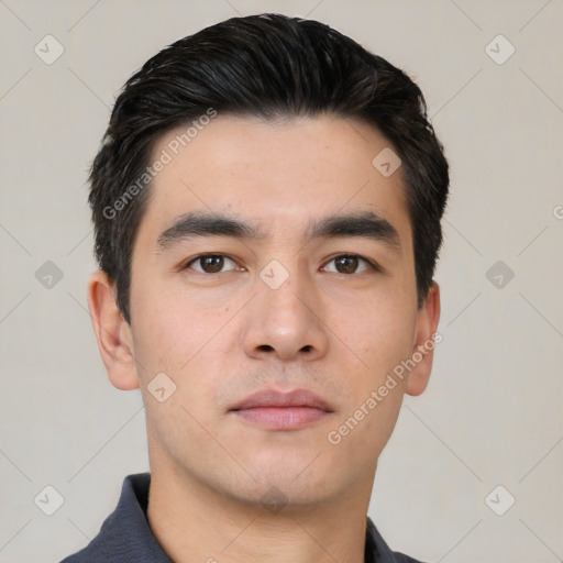 Neutral asian young-adult male with short  black hair and brown eyes