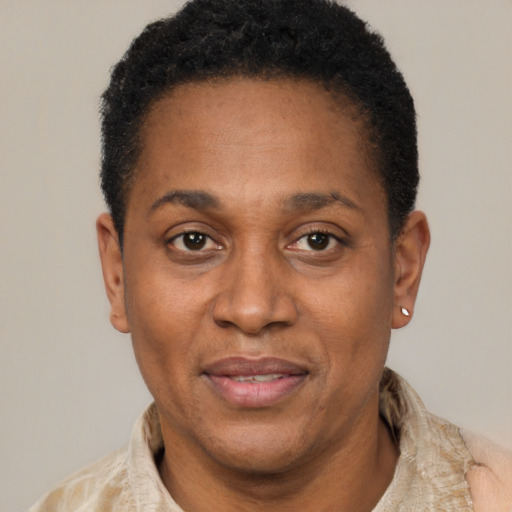 Joyful latino adult female with short  black hair and brown eyes